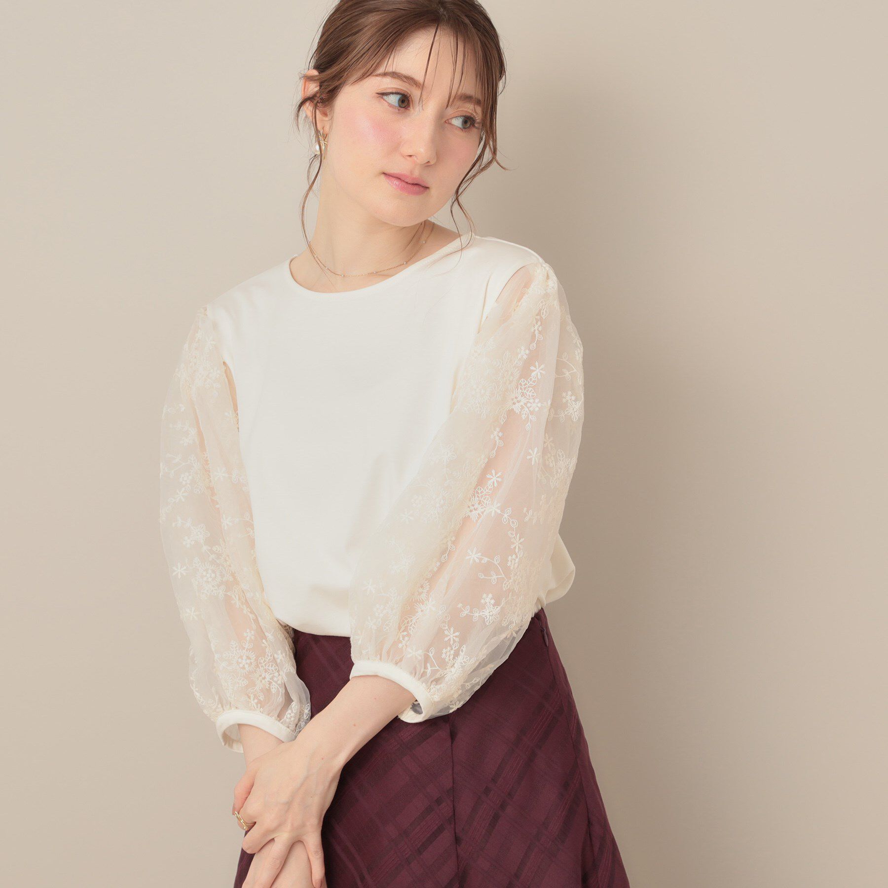 Couture broach「【接触冷感・UVカット・マシンウォッシャブル】袖レースドッキングカットソー」|Tシャツ・カットソー|