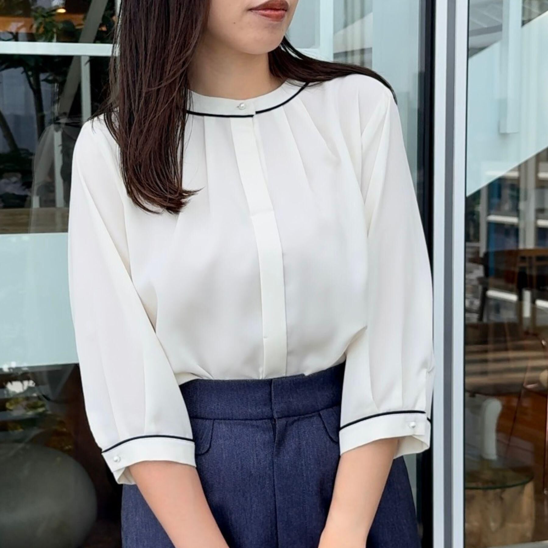 Couture broach「【6分袖・通勤】配色ジョーゼットブラウス」|シャツ・ブラウス|