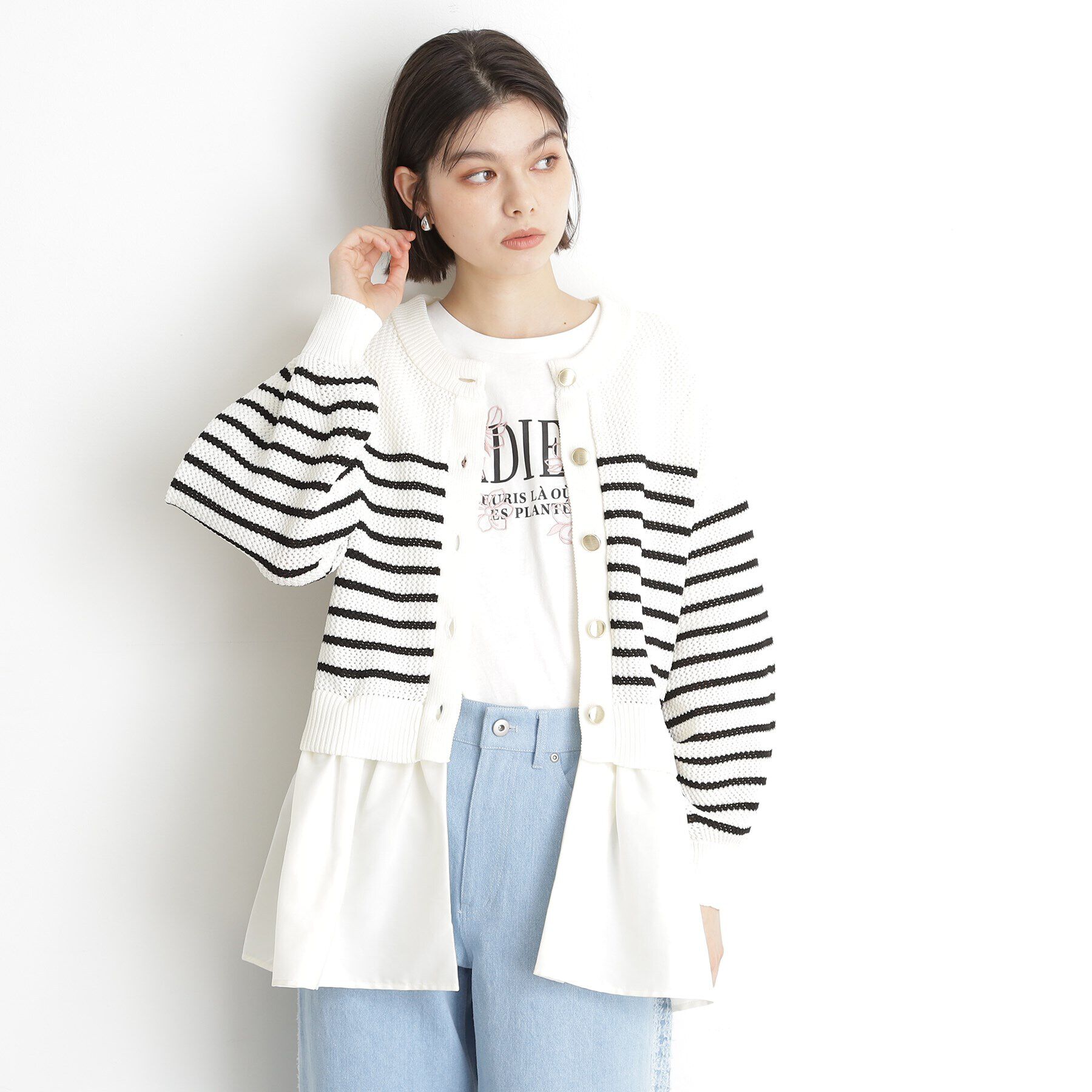 THE SHOP TK「布帛ドッキングメッシュカーデ」|カーディガン|