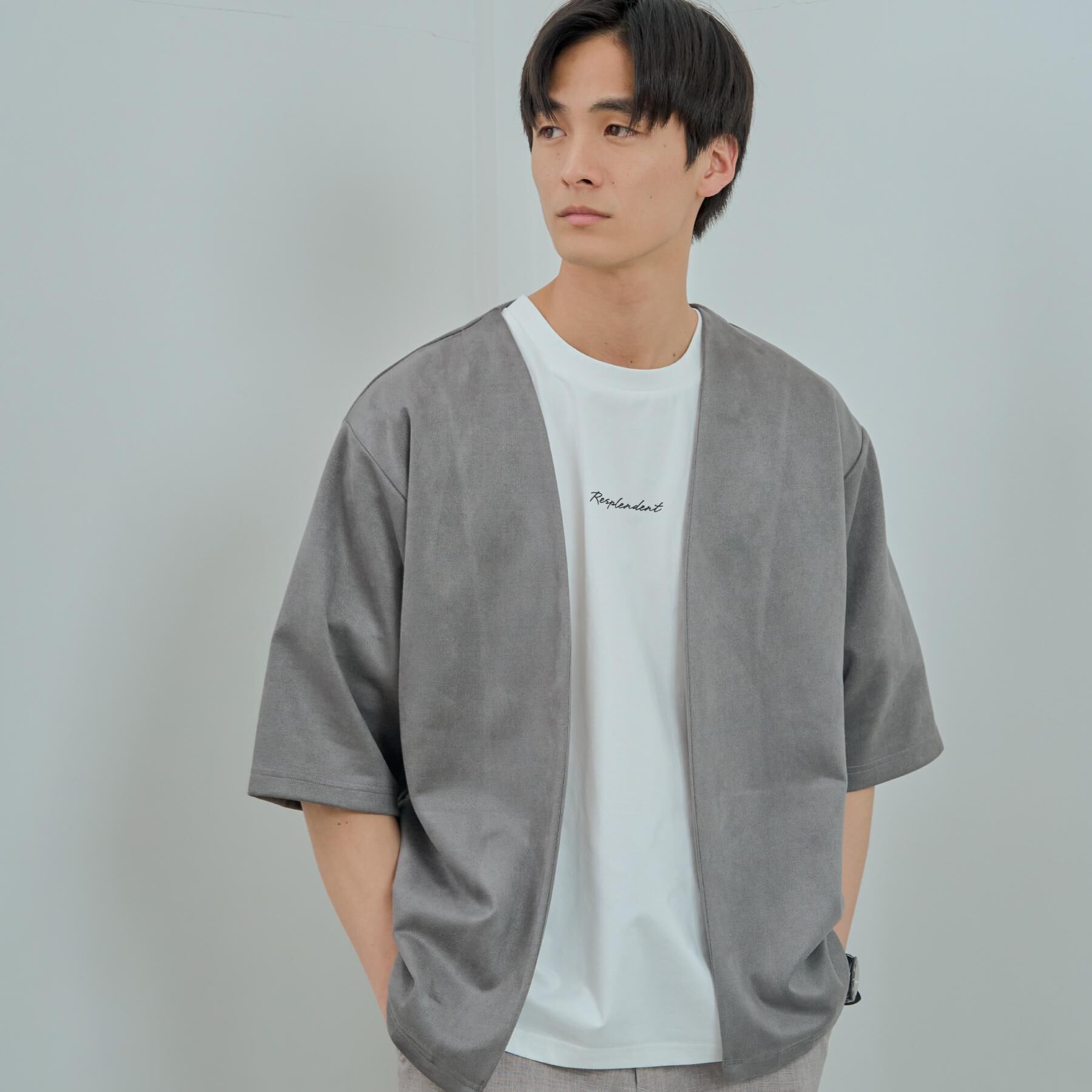 THE SHOP TK「フェイクスウェードアンサンブルカーディガン【五分袖カーディガン＋半袖Tシャツセットアイテム】」|カーディガン|