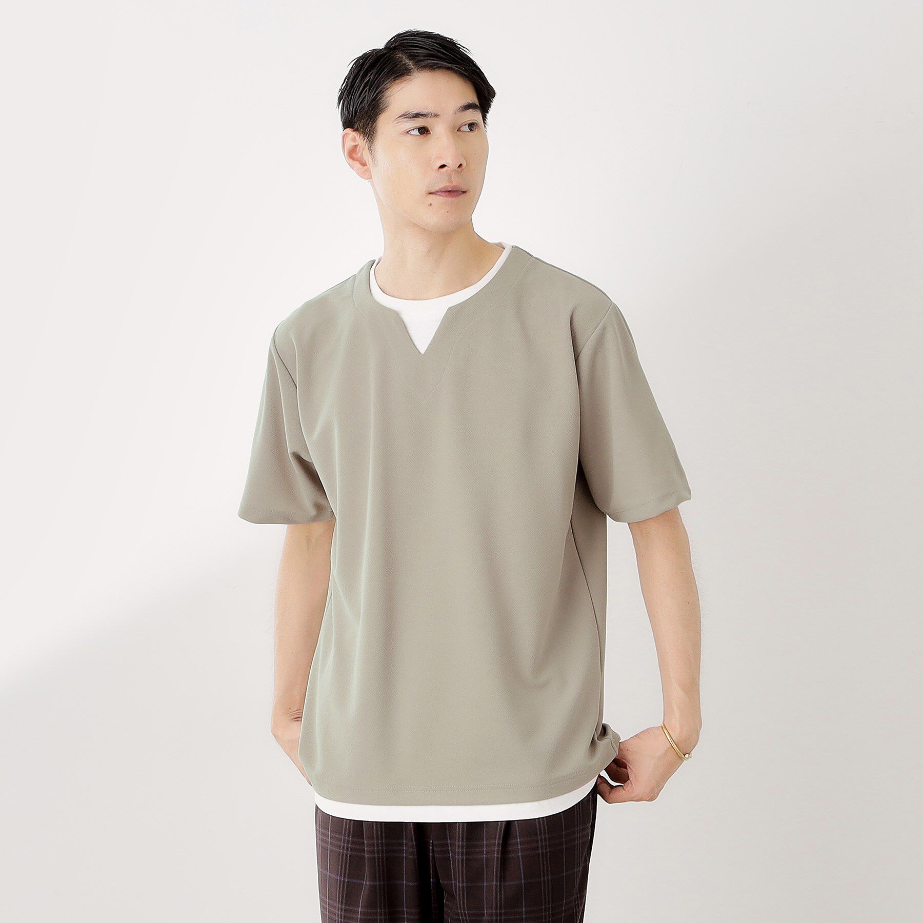 THE SHOP TK「ツイルキーネック半袖Tシャツ」|Tシャツ・カットソー|グレージュ(050)