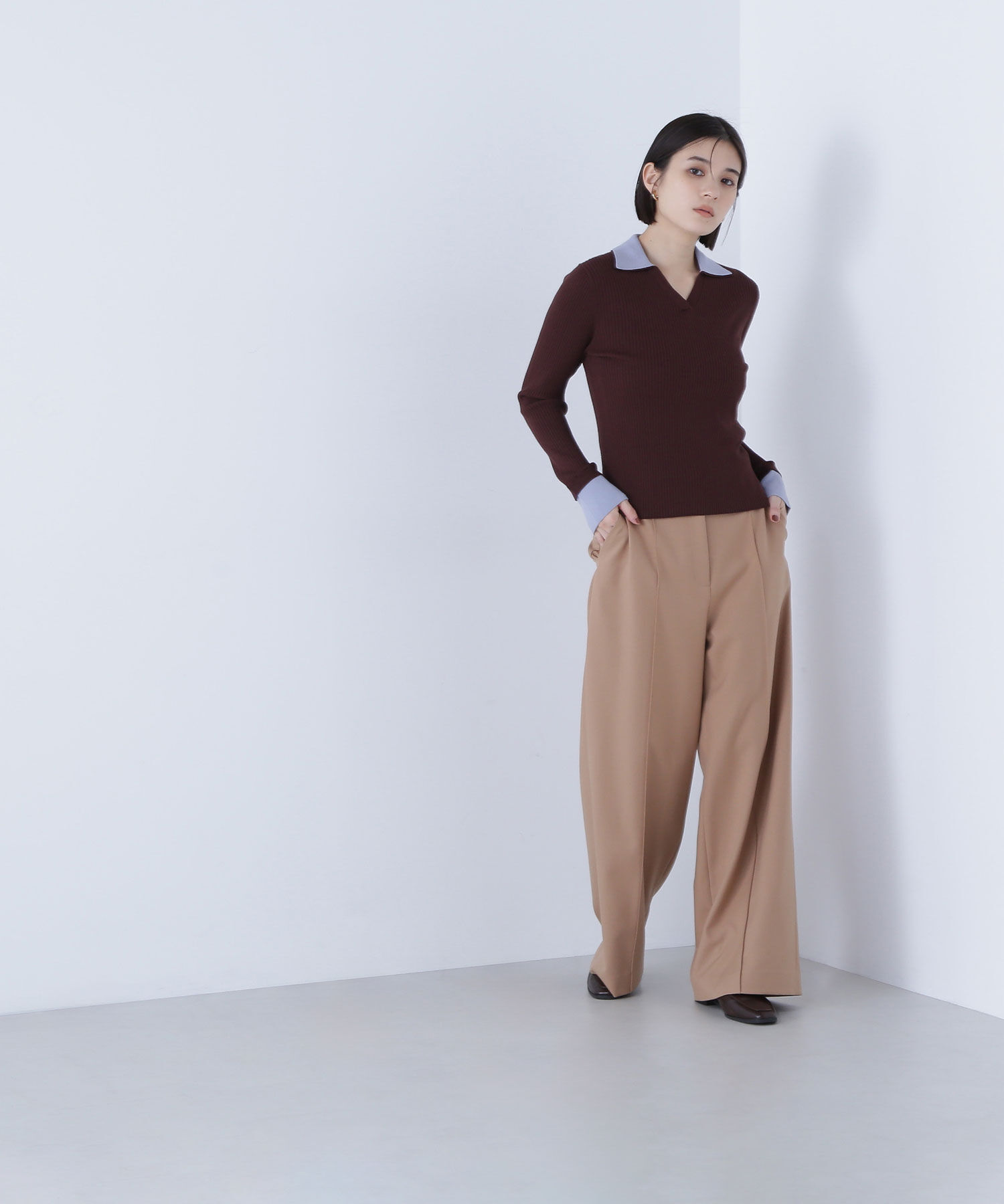  「ダブルカラーVネックリブニット」|ニット・セーター|