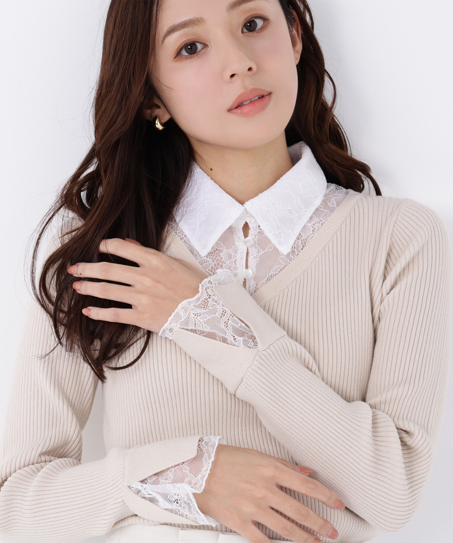  「レースカラードッキングニット」|ニット・セーター|ベージュ2