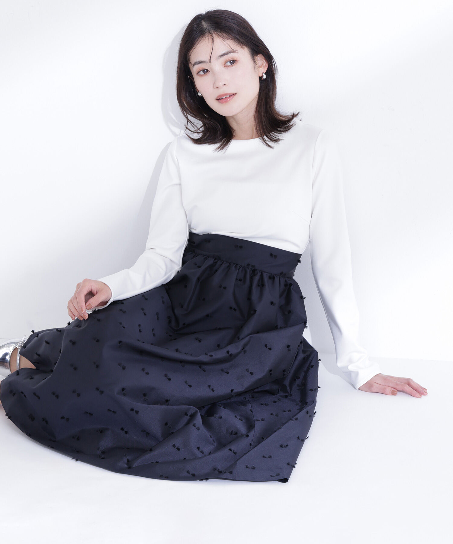  「リボンジャガードドッキングワンピース」|ワンピース|オフ&times;ネイビ  2