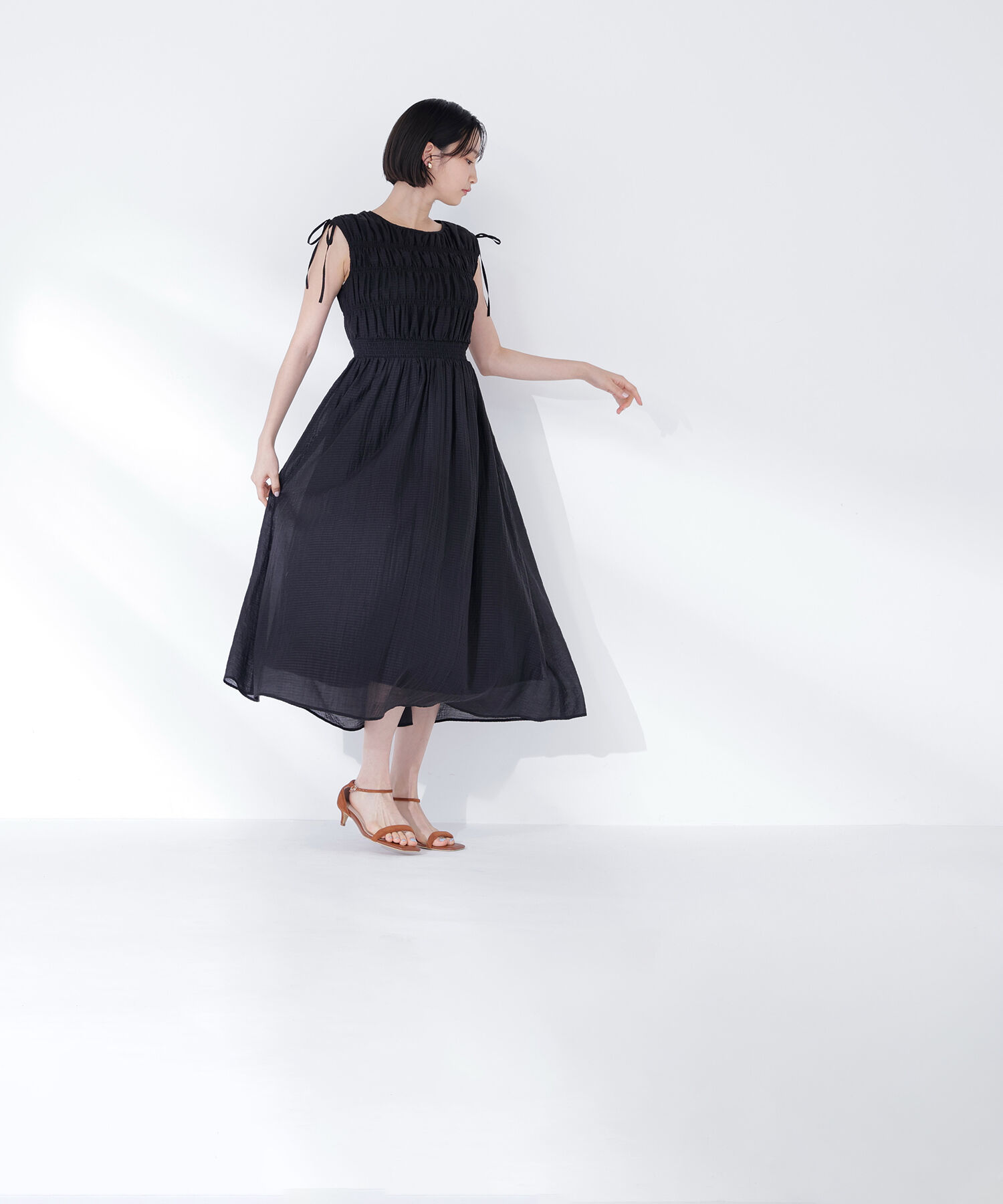  「シアーチェックギャザーワンピース」|ワンピース|