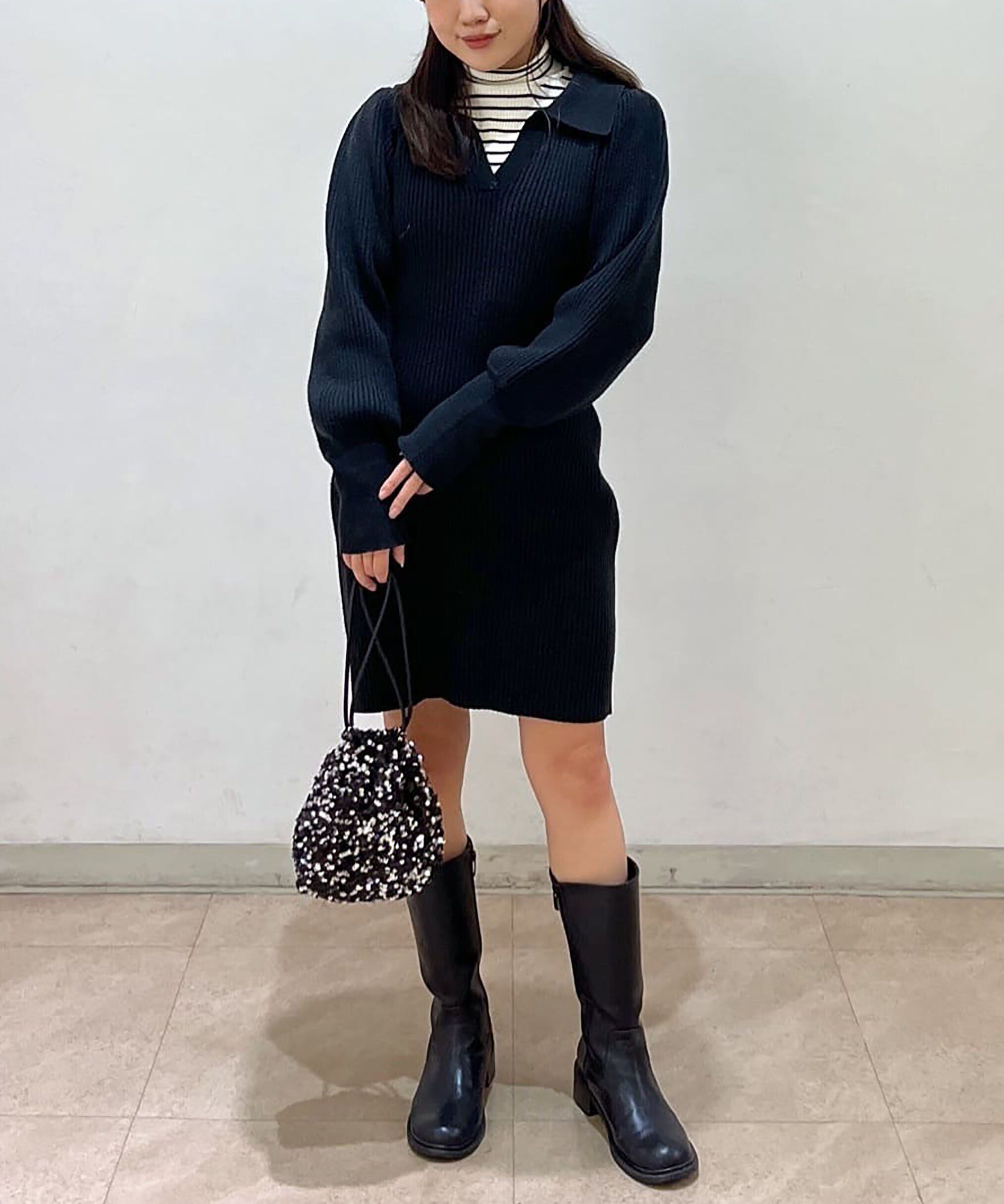  「パフスリーブスキッパー襟ニットミニワンピース」|ワンピース|