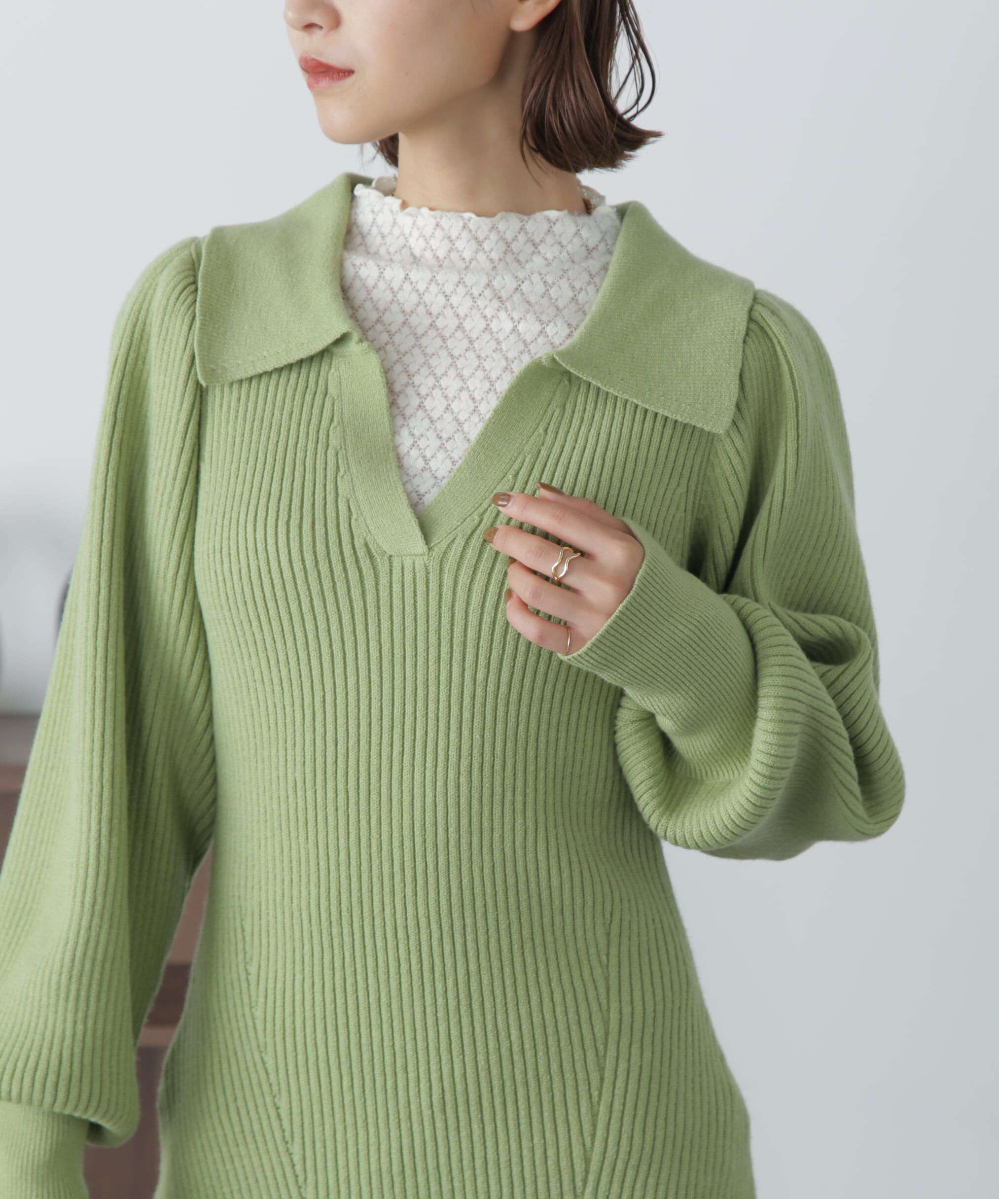  「パフスリーブスキッパー襟ニットミニワンピース」|ワンピース|