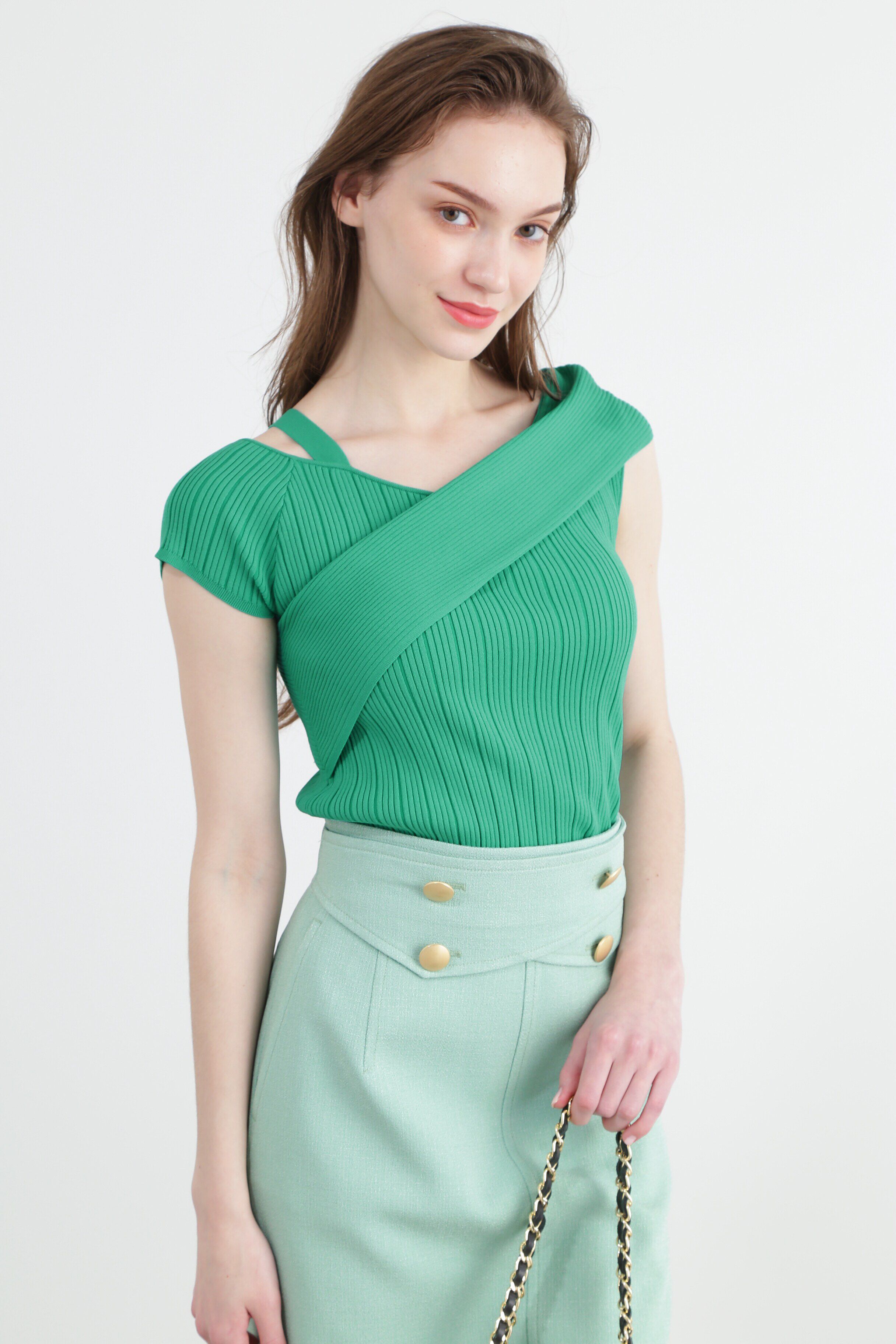  「◆アシンメトリーリブニットトップス」|ニット・セーター|グリーン