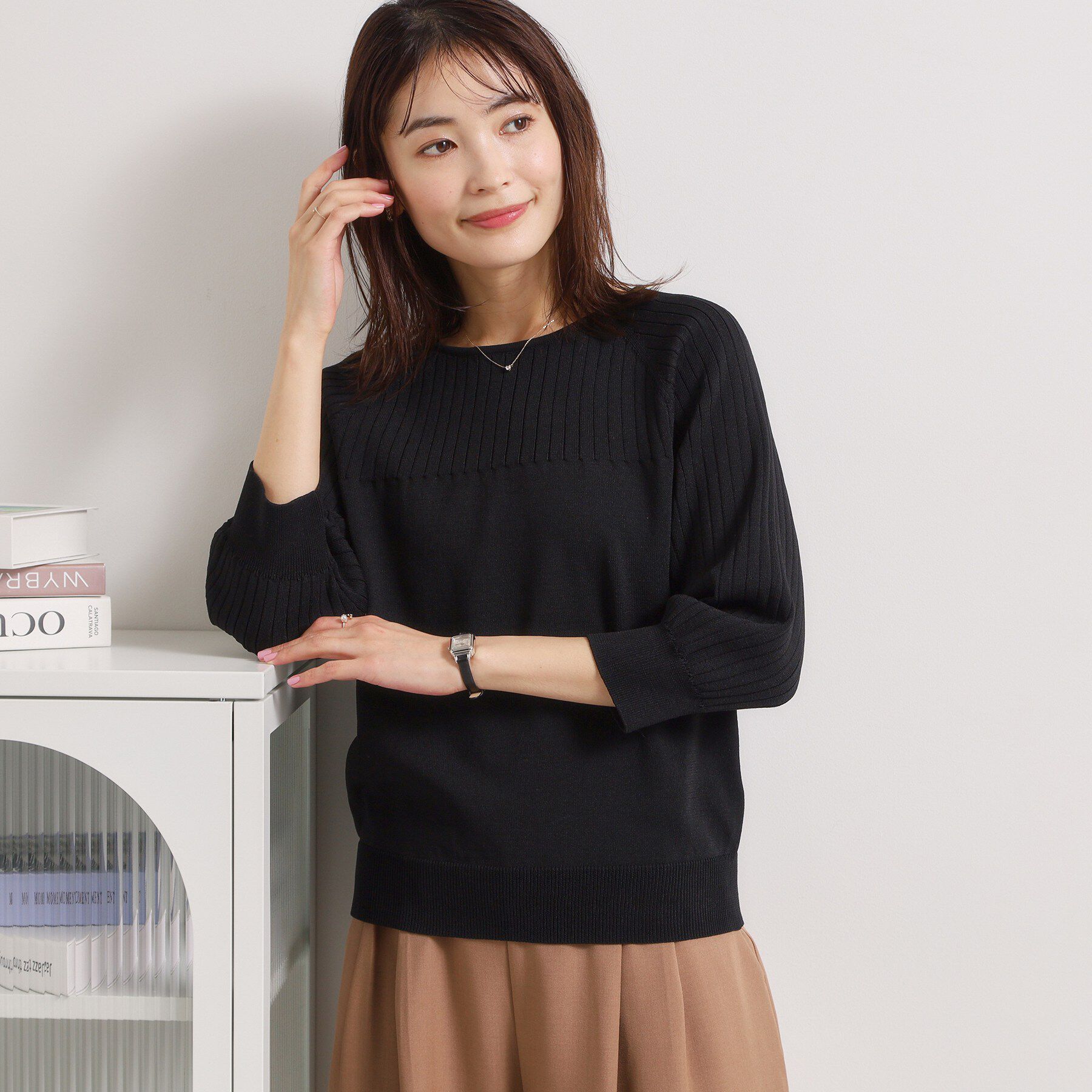 ITS&rsquo;DEMO「【繰り返し洗える／毛玉防止／洗濯機OK】タフニット リブ切替ニットプルオーバー」|ニット・セーター|ブラック(019)