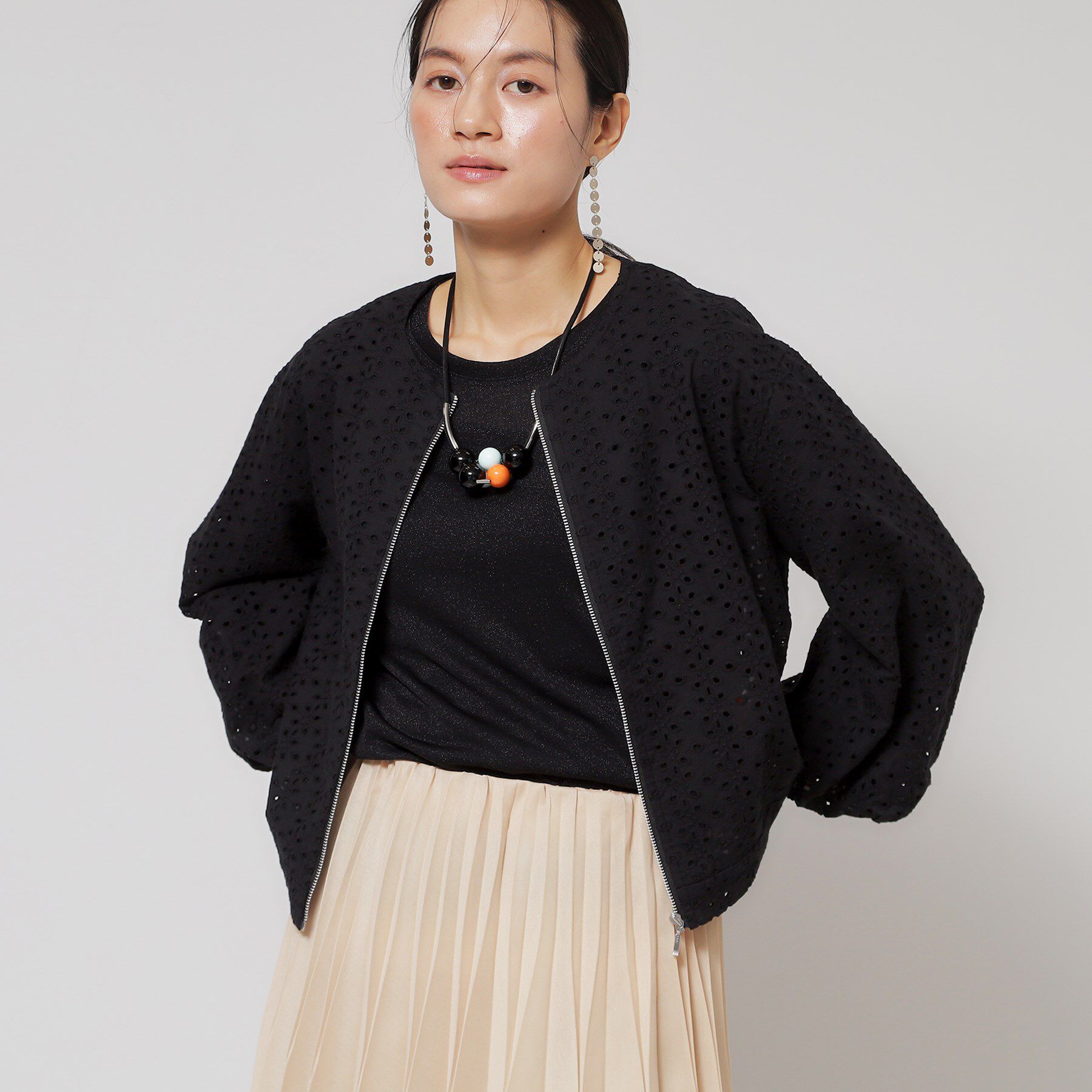 SunaUna「【使えるモノトーン／パフスリーブ】レースブルゾン」|ブルゾン・スタジャン|