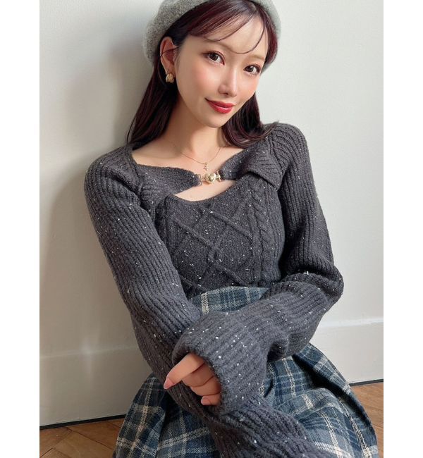 RESEXXY「ケーブルニットレイヤードトップス」|ニット・セーター|チャコールグレー