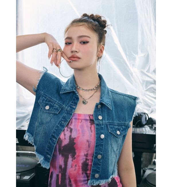 EVRIS「フリンジデザインデニムショートベスト」|デニムジャケット|