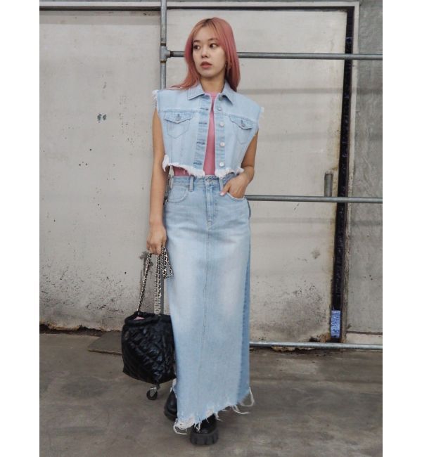 EVRIS「フリンジデザインデニムショートベスト」|デニムジャケット|