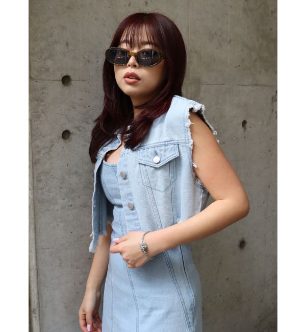 EVRIS「フリンジデザインデニムショートベスト」|デニムジャケット|