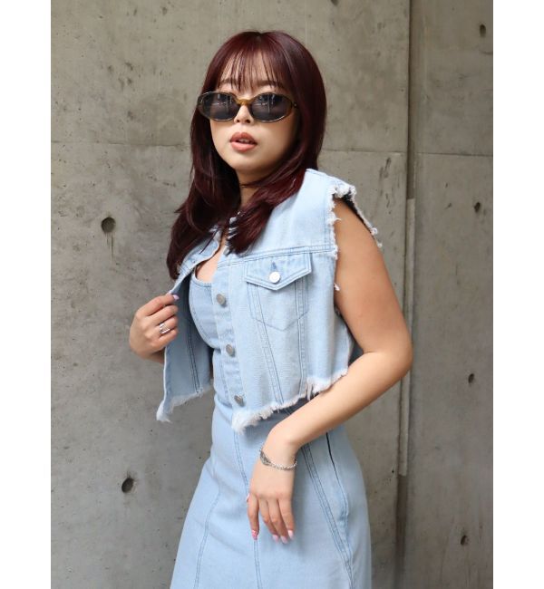 EVRIS「フリンジデザインデニムショートベスト」|デニムジャケット|