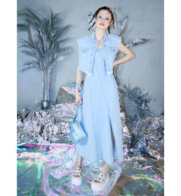 EVRIS「フリンジデザインデニムショートベスト」|デニムジャケット|