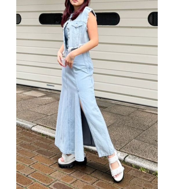 EVRIS「フリンジデザインデニムショートベスト」|デニムジャケット|