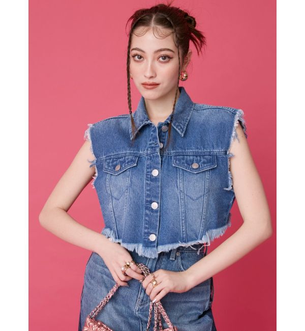 EVRIS「フリンジデザインデニムショートベスト」|デニムジャケット|