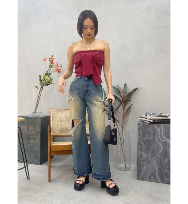 EVRIS「カットアウトワイドデニムパンツ」|デニム|