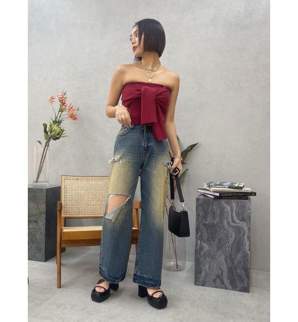 EVRIS「カットアウトワイドデニムパンツ」|デニム|