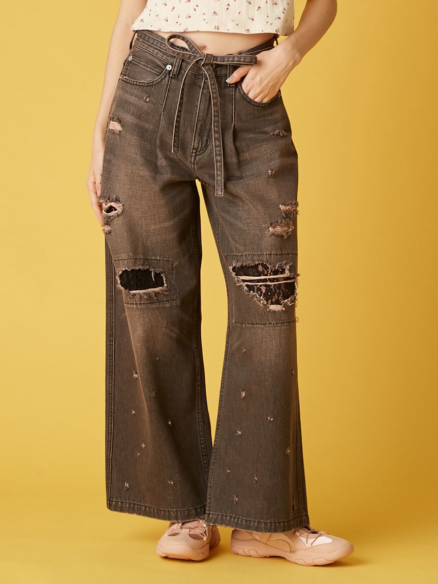 FURFUR「【新色追加】レースクラッシュデニムパンツ」|デニム|BLK