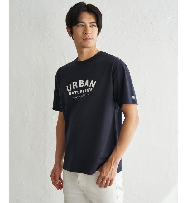 ikka「URBAN NATURE LIFE アーバンネイチャーライフ 鹿の子フロッキープリントTシャツ」|Tシャツ・カットソー|ネイビーブルー