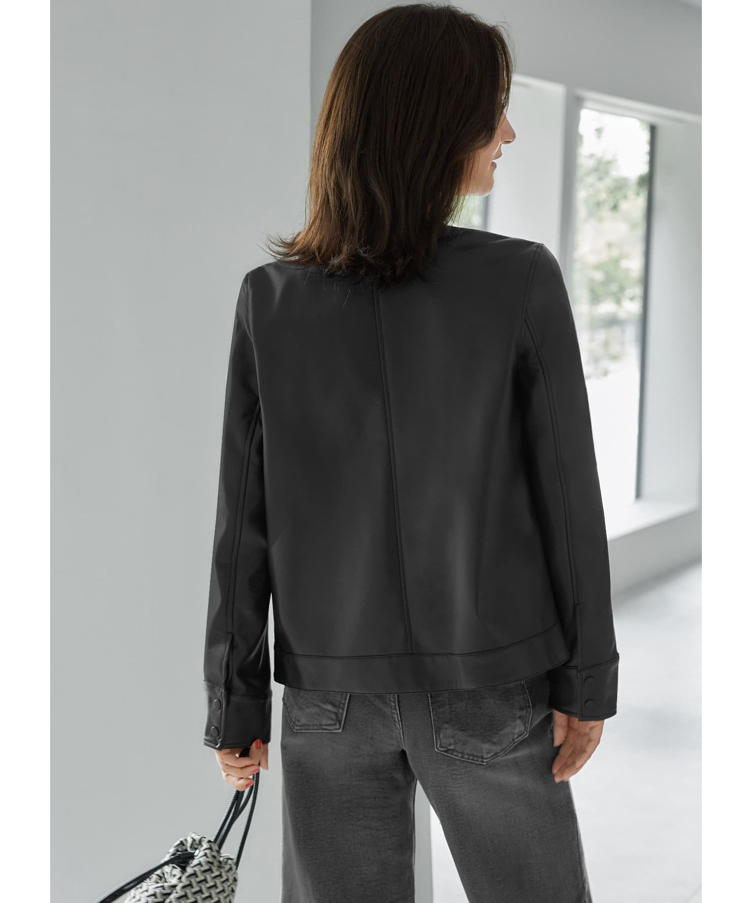 STYLE DELI「フェイクレザーノーカラーブルゾン」|ノーカラージャケット|