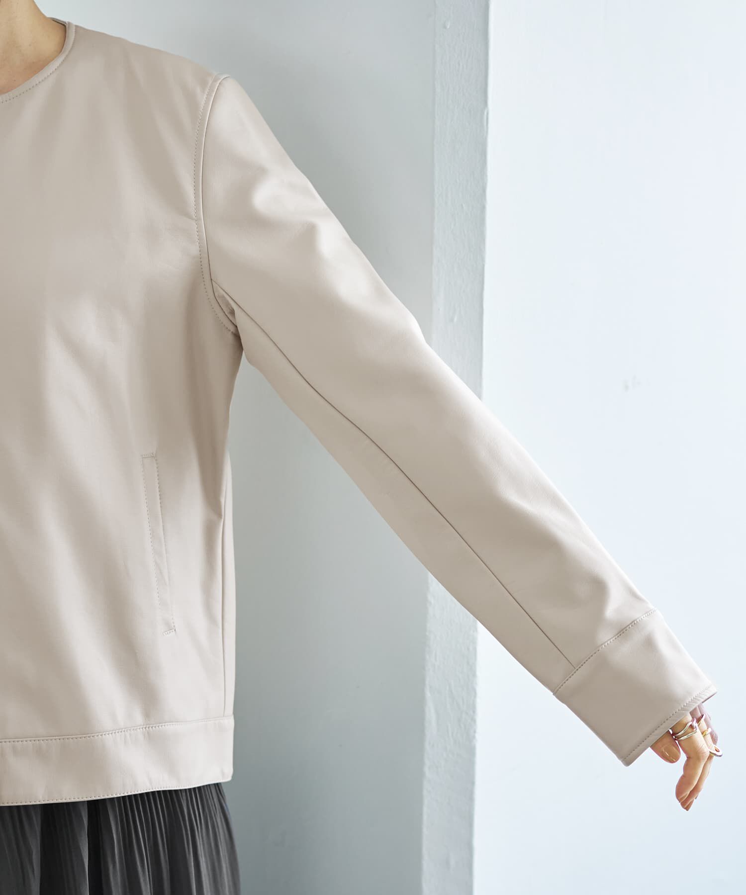 STYLE DELI「フェイクレザーノーカラーブルゾン」|ノーカラージャケット|