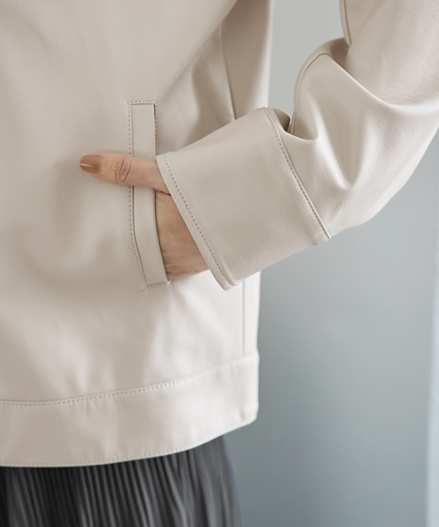 STYLE DELI「フェイクレザーノーカラーブルゾン」|ノーカラージャケット|