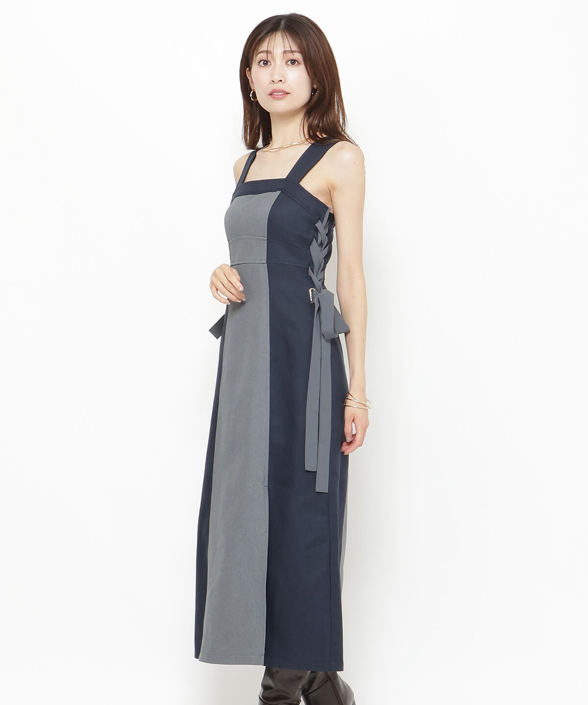 アンドクチュール「サイドリボン配色ジャンスカ」|ジャンパースカート|