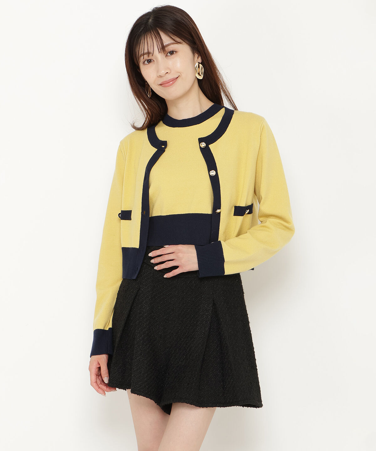 アンドクチュール「配色ニットアンサンブル」|カーディガン|イエロー