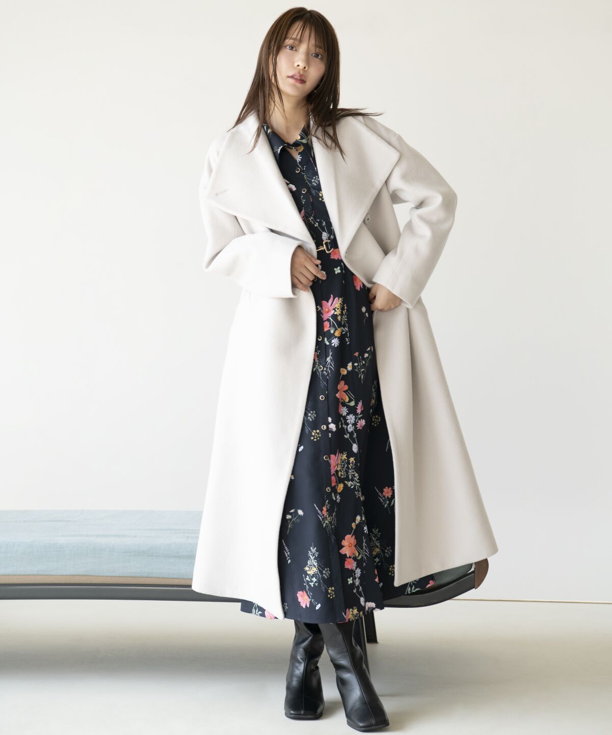 アンドクチュール「ウールビーバービッグカラーロングコート」|ダウン|ベージュ