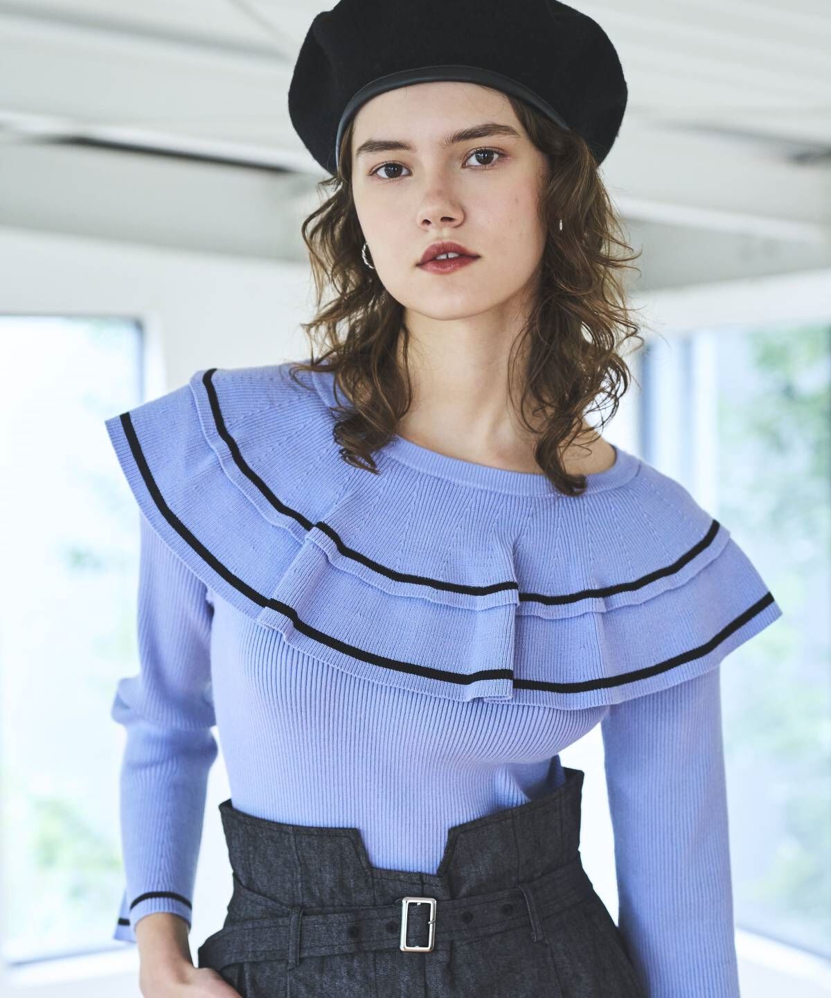 アンドクチュール「配色ケープフリルニット」|ニット・セーター|ブルー