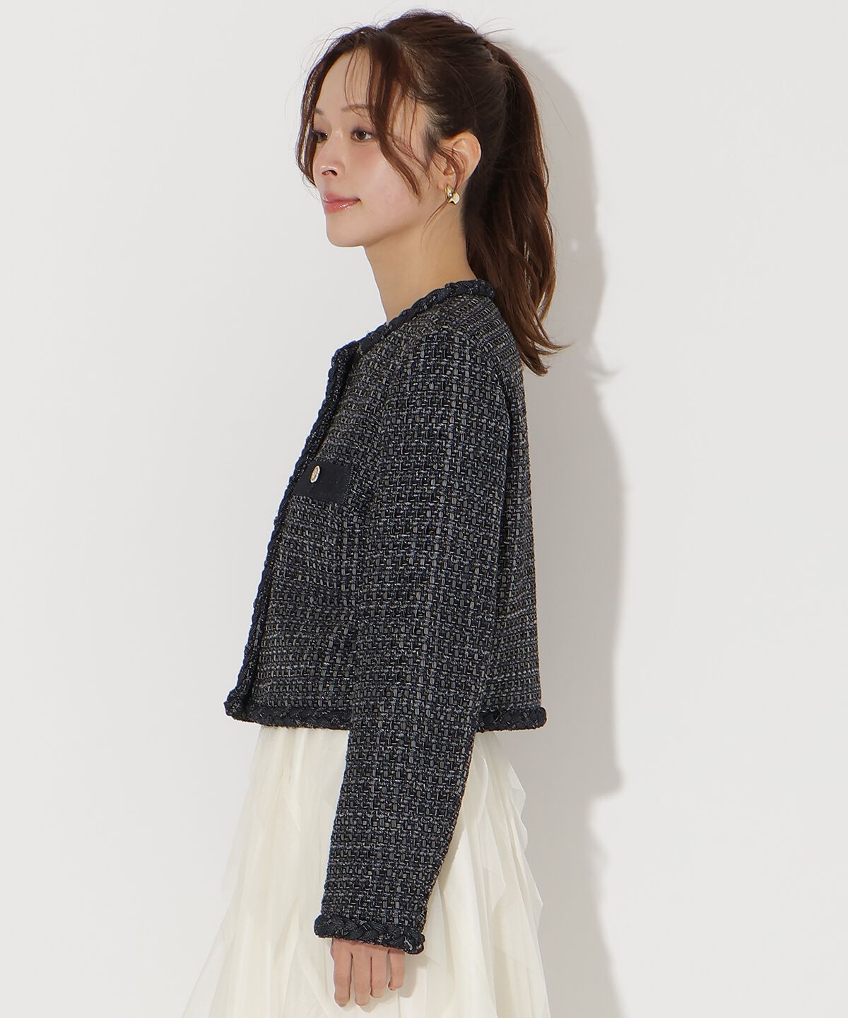 アンドクチュール「デニムコンビツイードジャケット」|ノーカラージャケット|