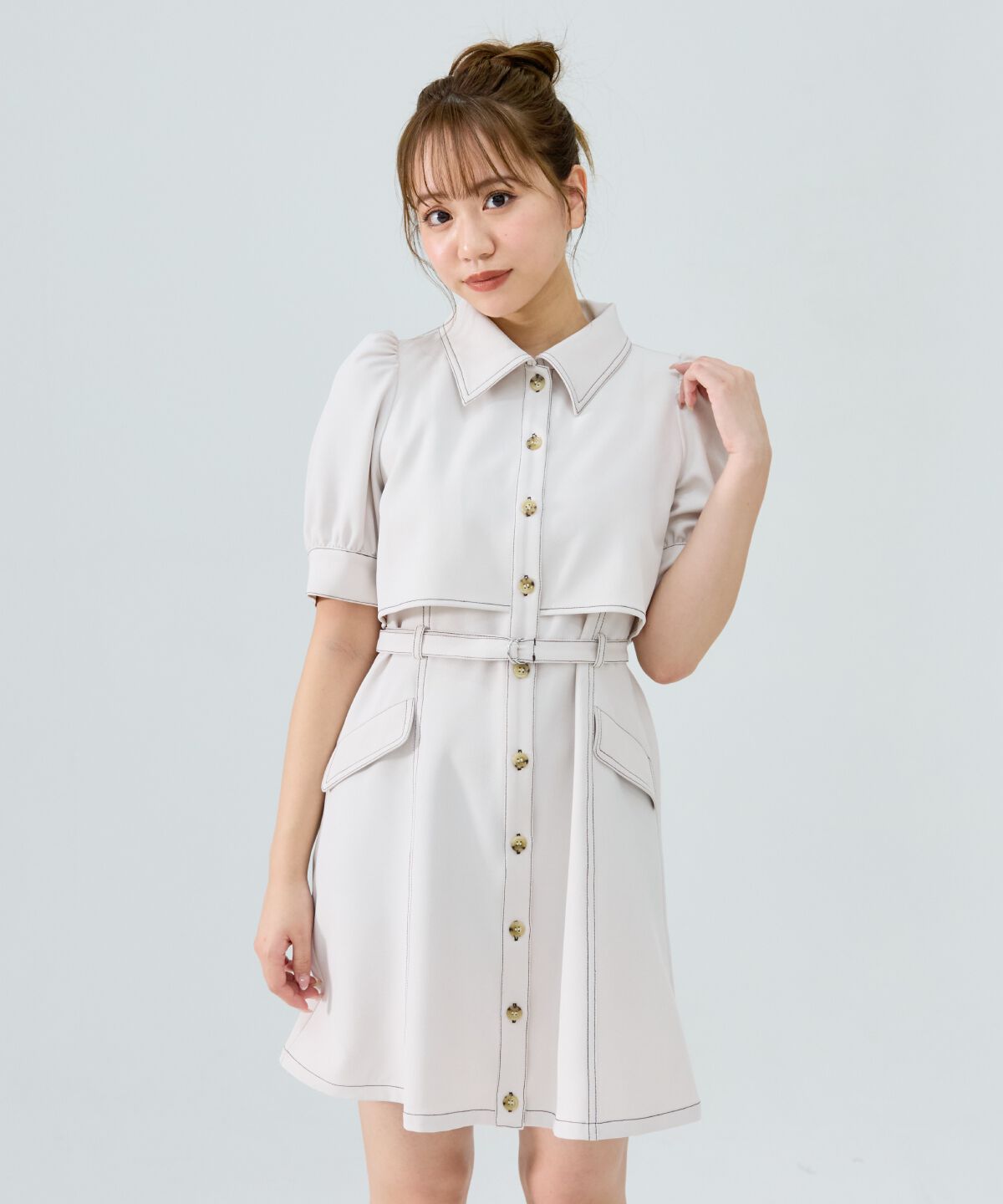 REDYAZEL「レイヤードデザインバイカラーステッチミニシャツワンピース」|ワンピース|ベージュ