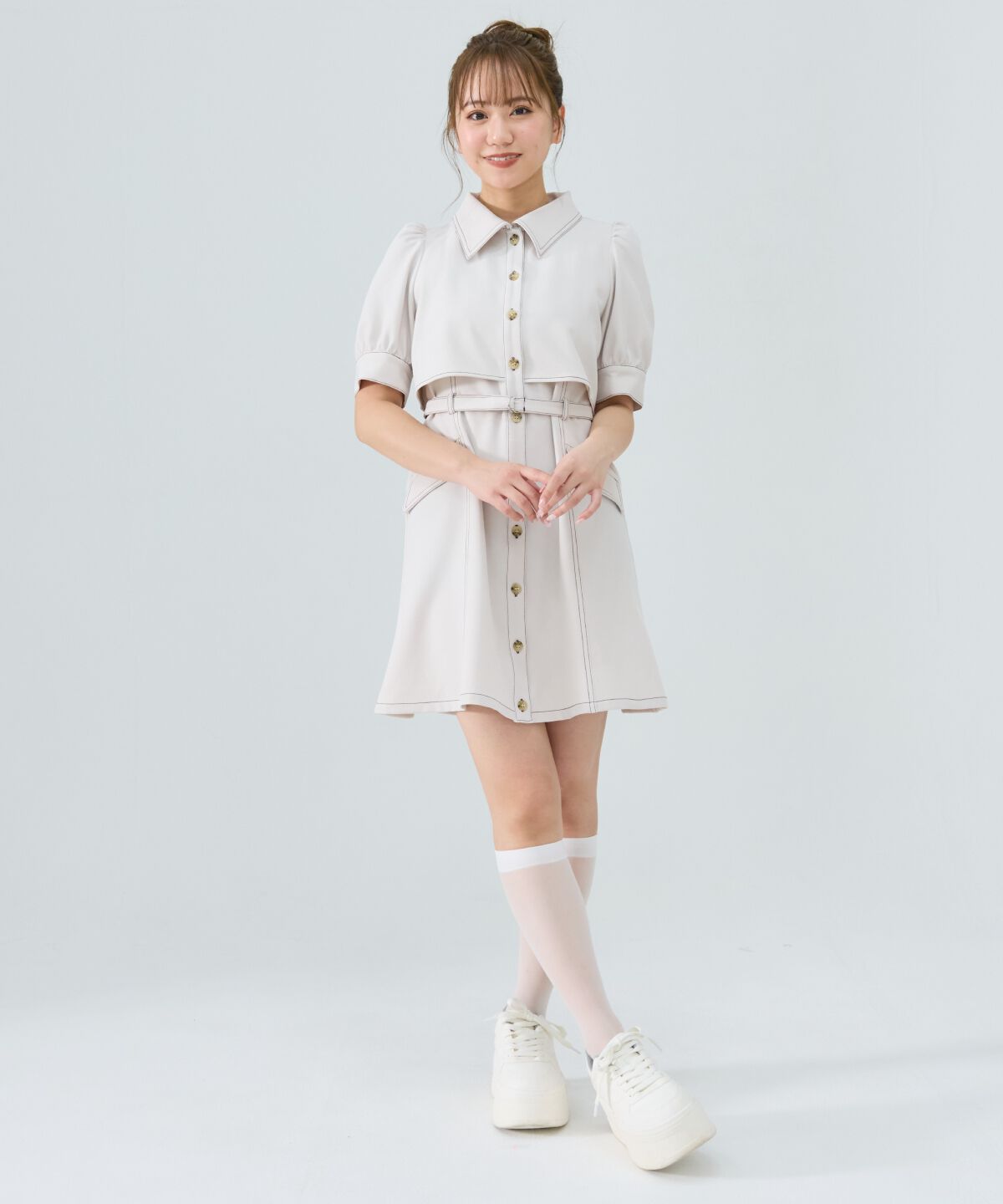 REDYAZEL「レイヤードデザインバイカラーステッチミニシャツワンピース」|ワンピース|