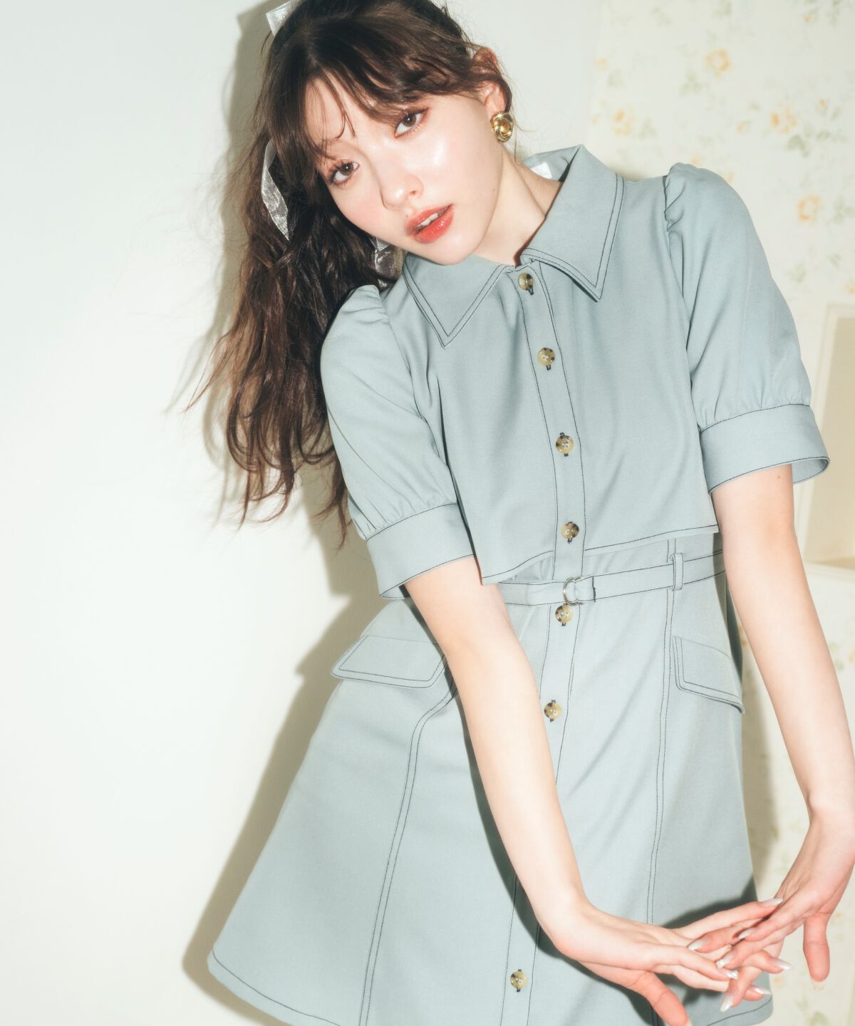 REDYAZEL「レイヤードデザインバイカラーステッチミニシャツワンピース」|ワンピース|ミント