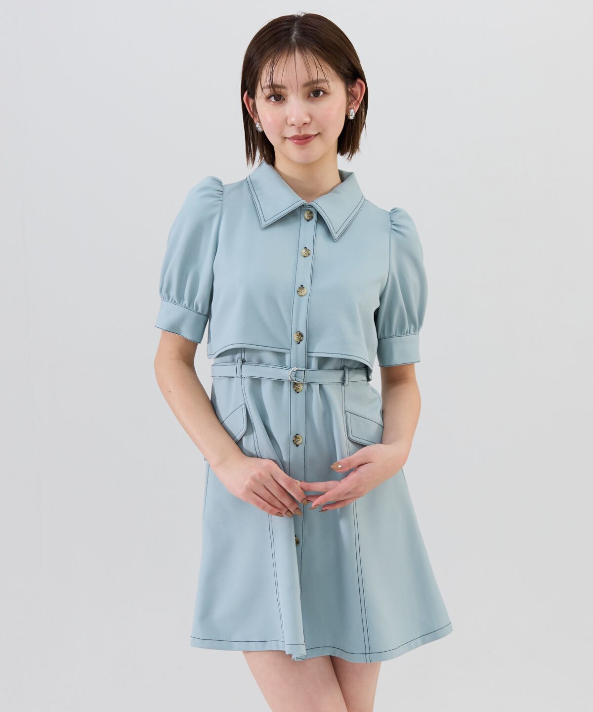 REDYAZEL「レイヤードデザインバイカラーステッチミニシャツワンピース」|ワンピース|