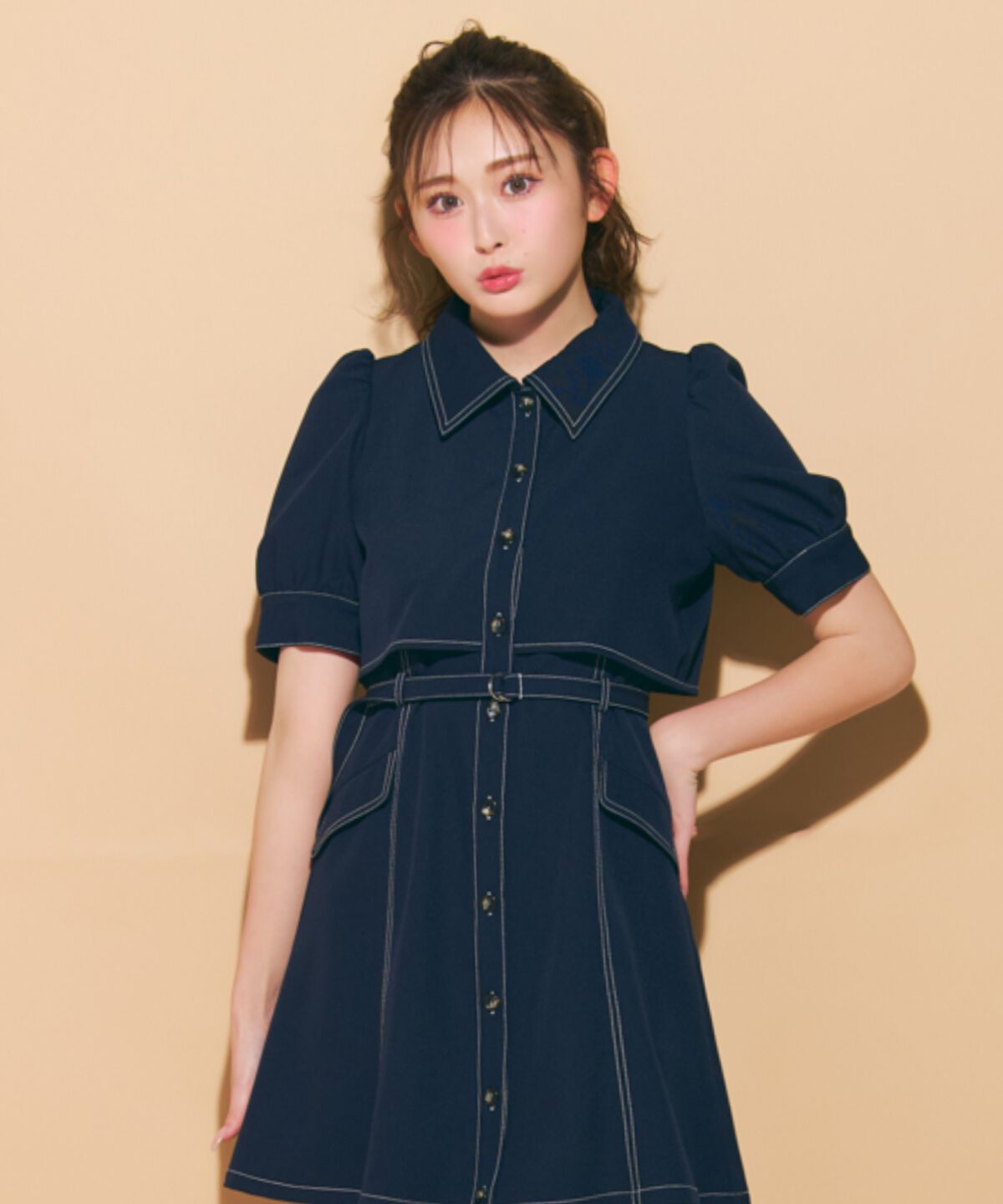 REDYAZEL「レイヤードデザインバイカラーステッチミニシャツワンピース」|ワンピース|ネイビー