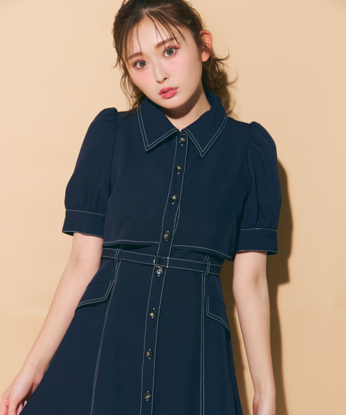 REDYAZEL「レイヤードデザインバイカラーステッチミニシャツワンピース」|ワンピース|