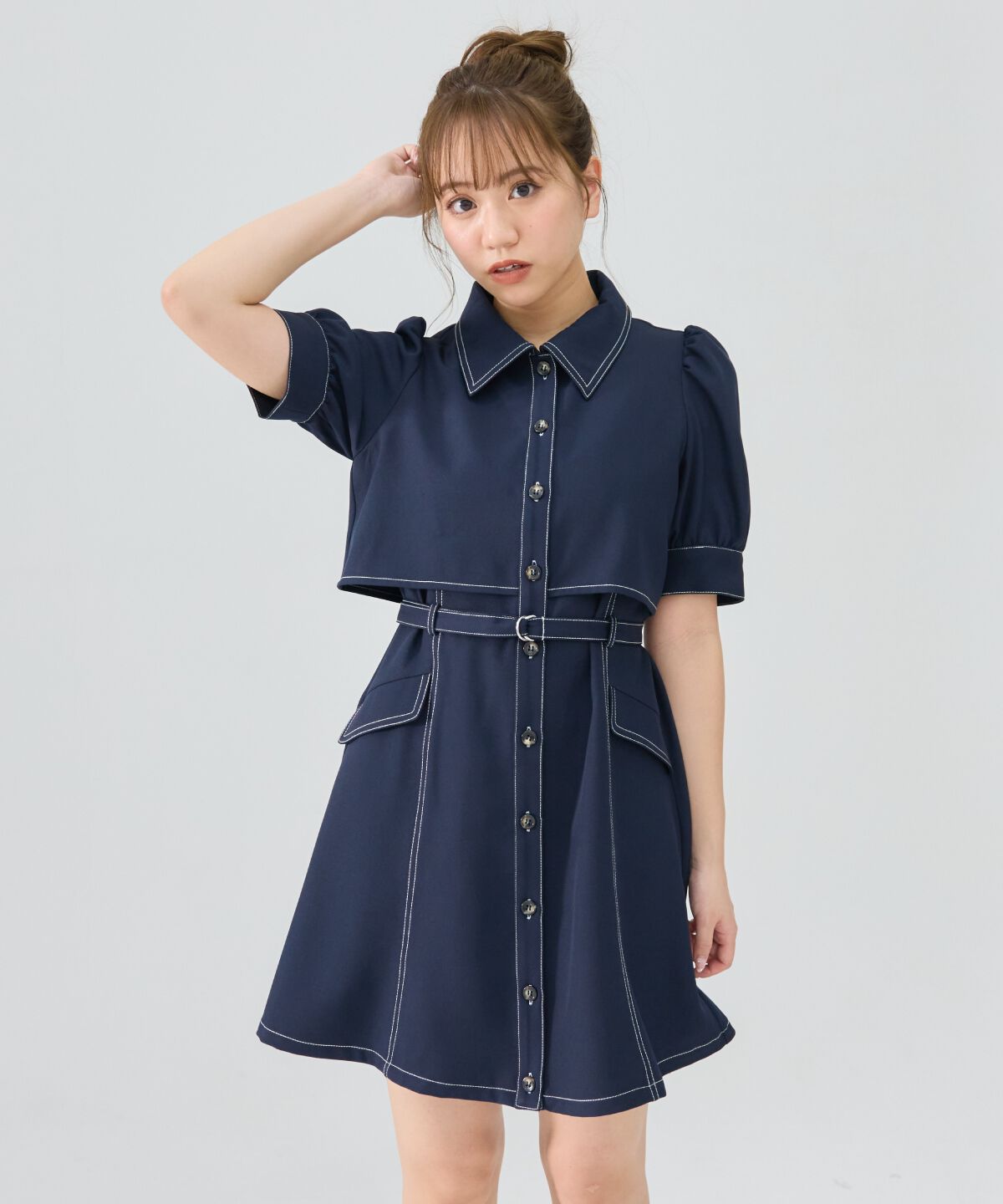 REDYAZEL「レイヤードデザインバイカラーステッチミニシャツワンピース」|ワンピース|