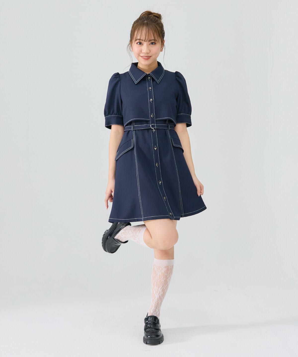 REDYAZEL「レイヤードデザインバイカラーステッチミニシャツワンピース」|ワンピース|