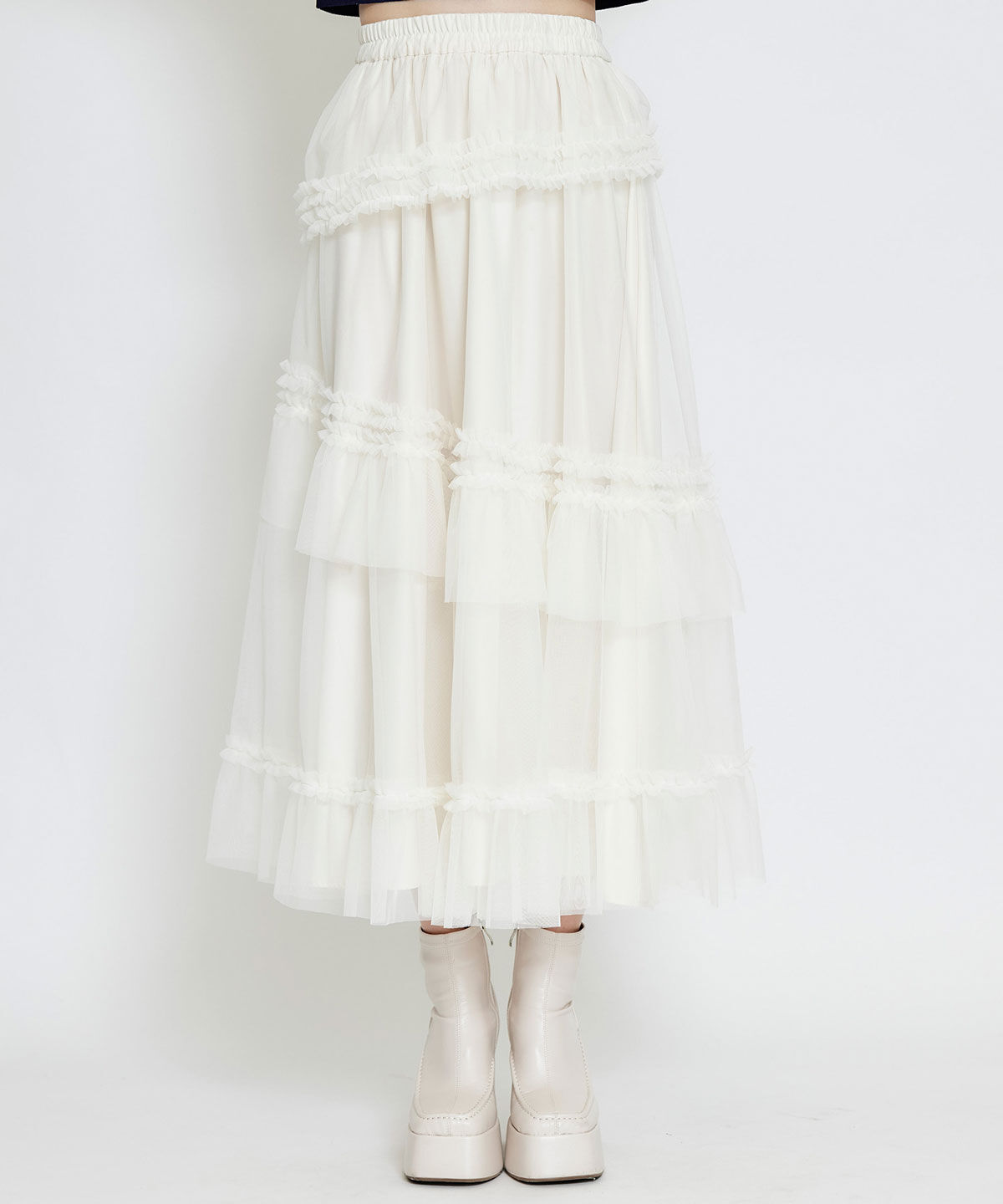 REDYAZEL「ソフトチュールフリルロングスカート」|フレア|エクリュ