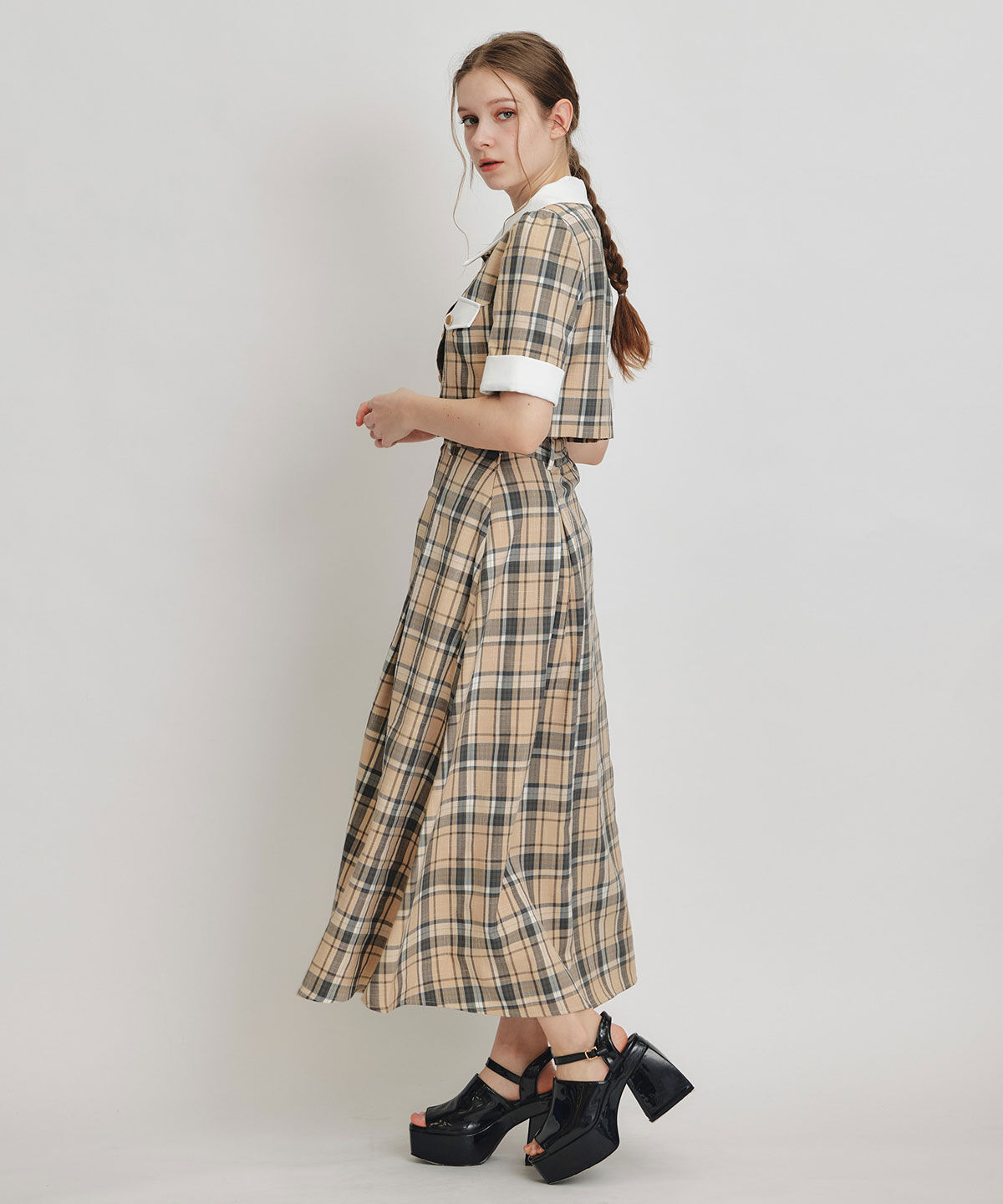 REDYAZEL「バイカラーチェックブラウス&times;フレアロングスカートセットアップ」|ワンピース|