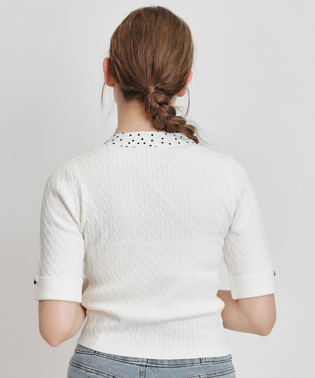 REDYAZEL「ケーブルリボンタイハーフスリーブニットプルオーバー」|ニット・セーター|