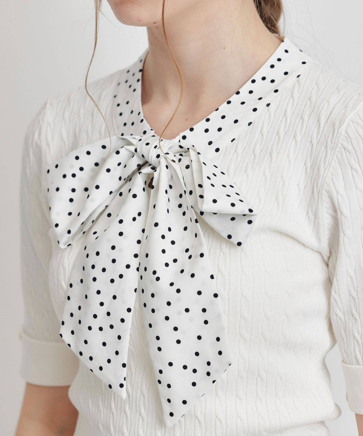 REDYAZEL「ケーブルリボンタイハーフスリーブニットプルオーバー」|ニット・セーター|