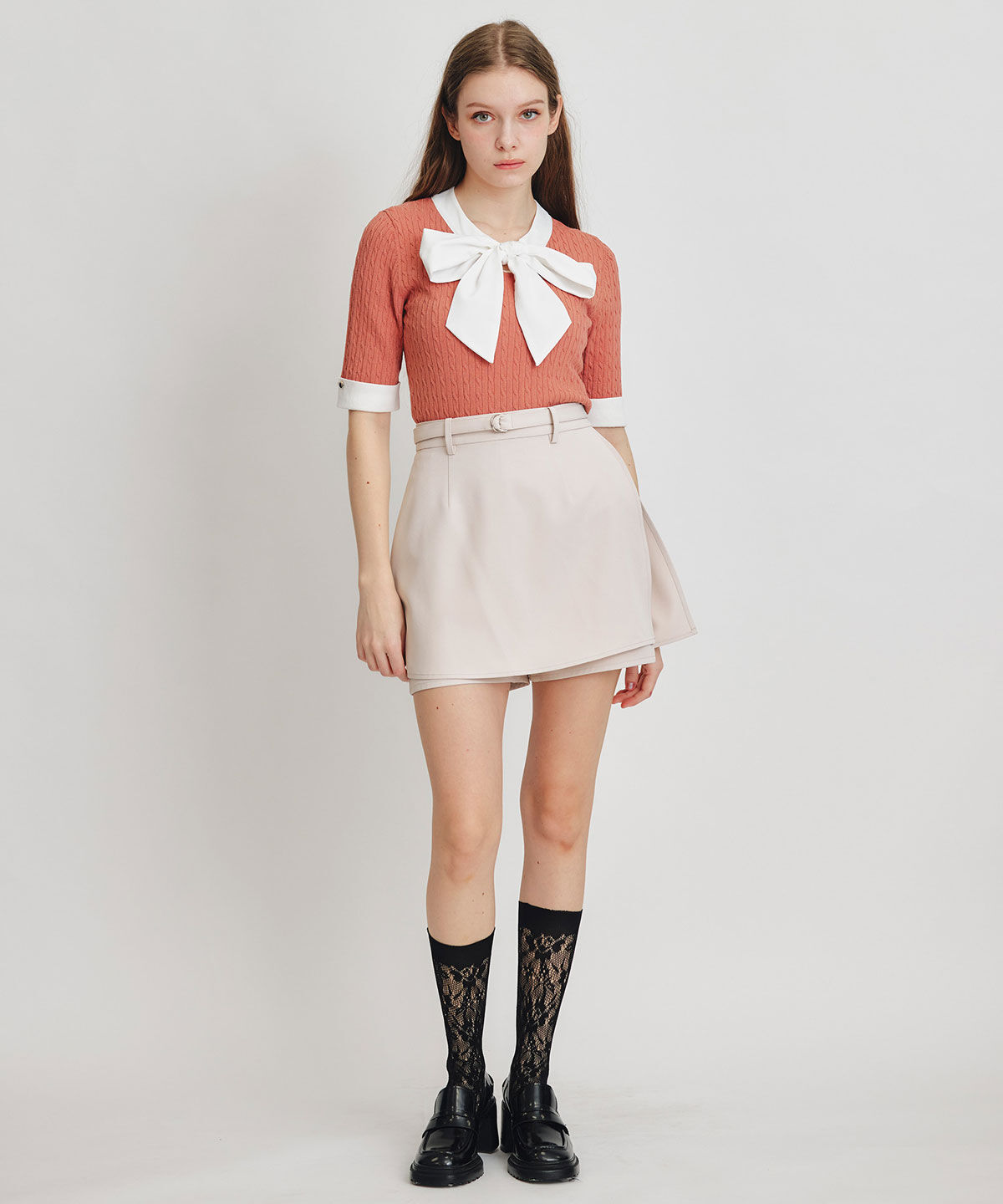 REDYAZEL「ケーブルリボンタイハーフスリーブニットプルオーバー」|ニット・セーター|