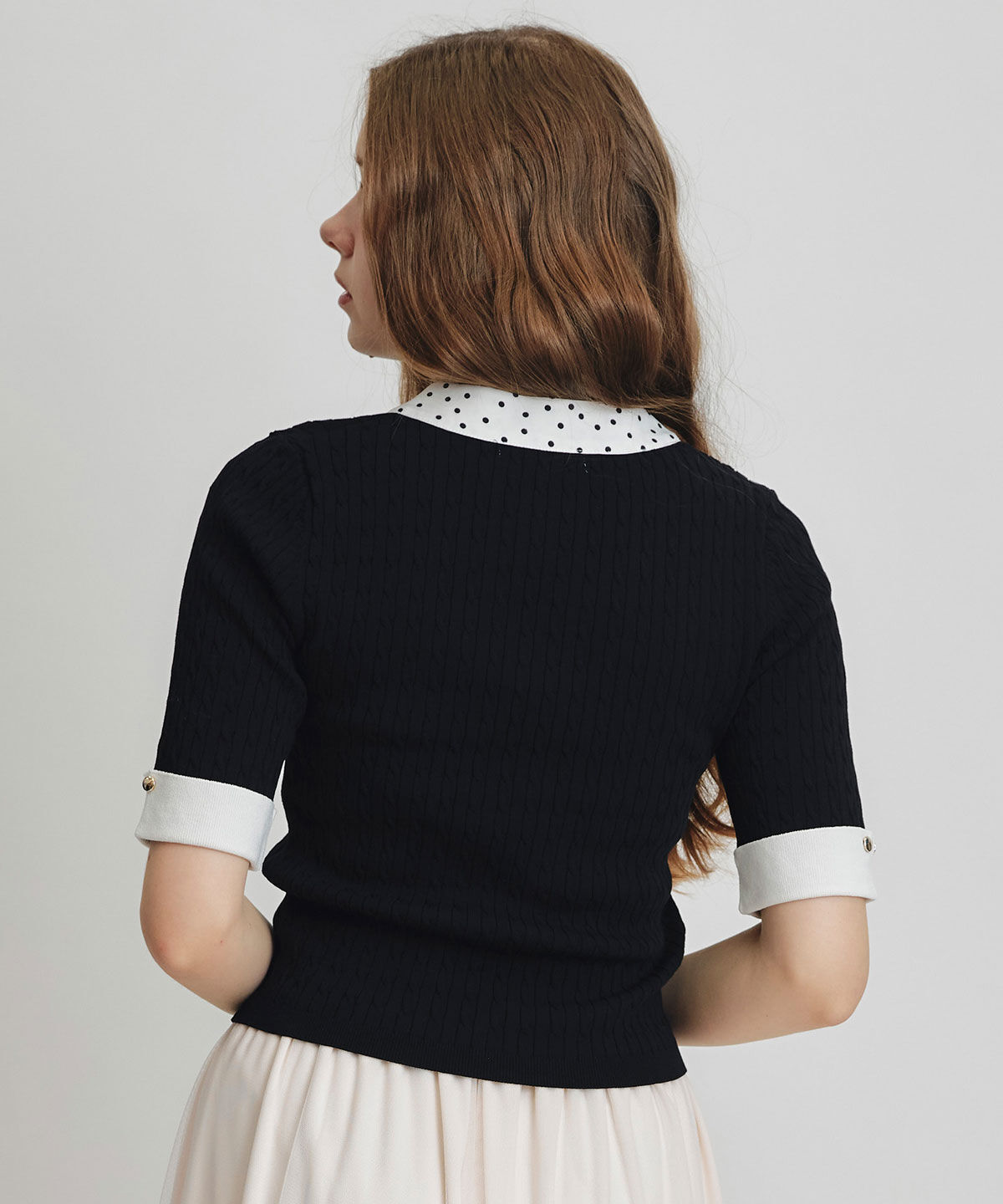 REDYAZEL「ケーブルリボンタイハーフスリーブニットプルオーバー」|ニット・セーター|