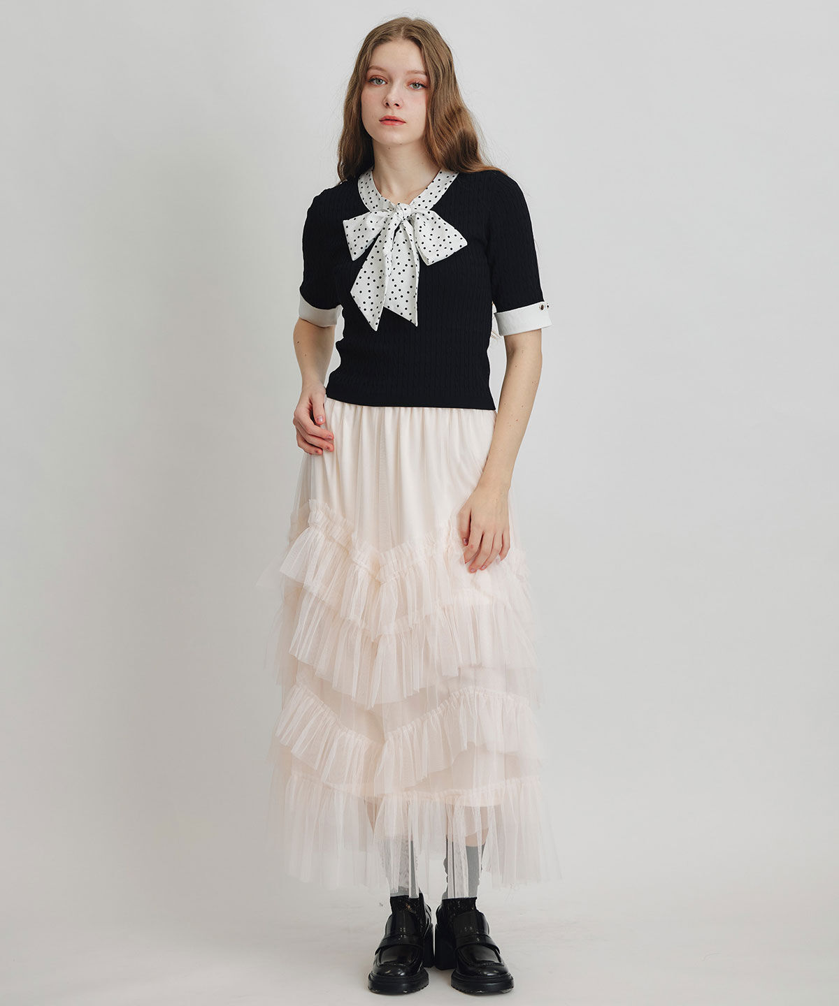 REDYAZEL「ケーブルリボンタイハーフスリーブニットプルオーバー」|ニット・セーター|