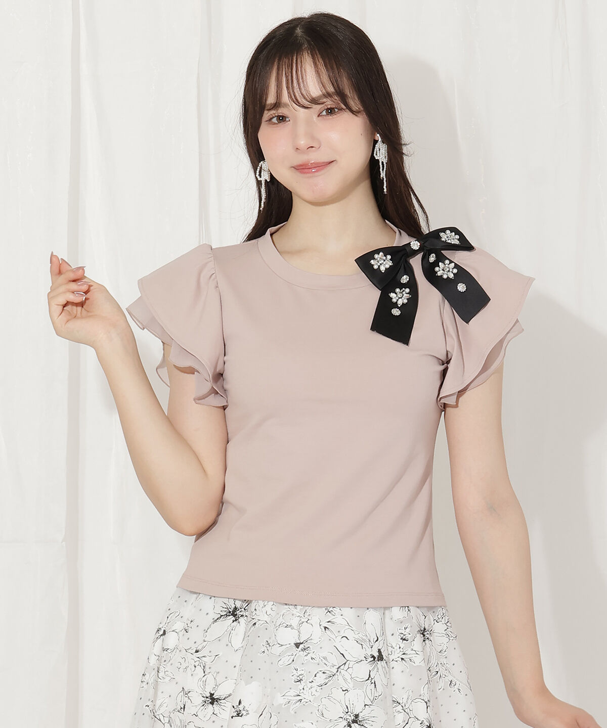 WILLSELECTION「ビジューリボン付き袖フリルプルオーバー」|Tシャツ・カットソー|